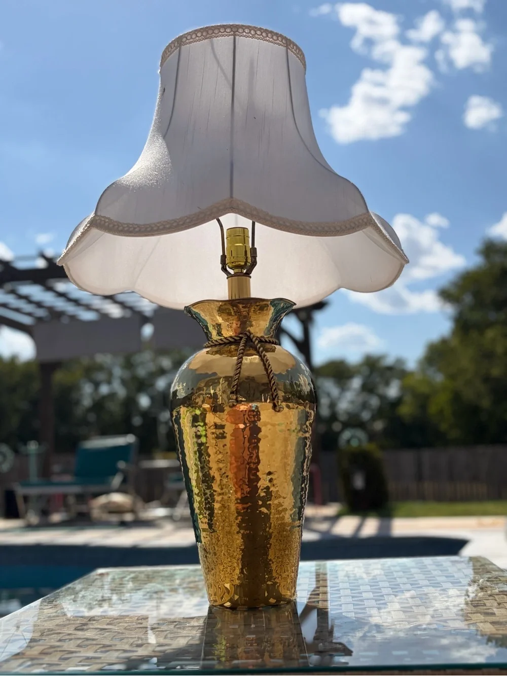 Gold Hammered Glass Table Lamp with White Scalloped Shade